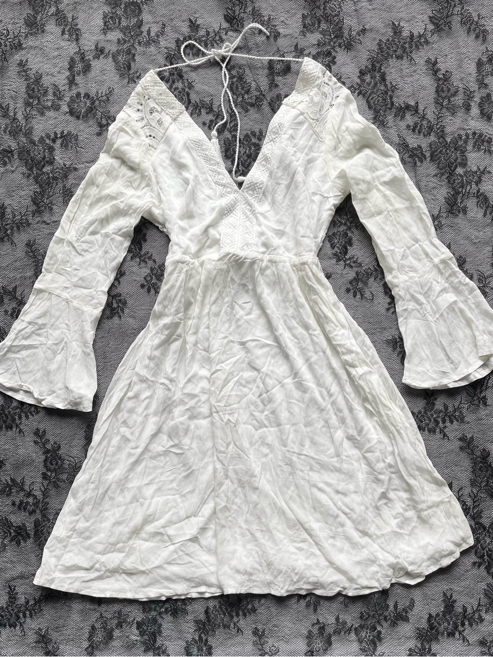 Off White Boho Flared Sleeve V-Neck Dress